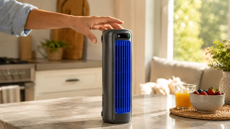 A detailed view of the CoolingCube, a premium portable cooling device with intuitive touch controls.