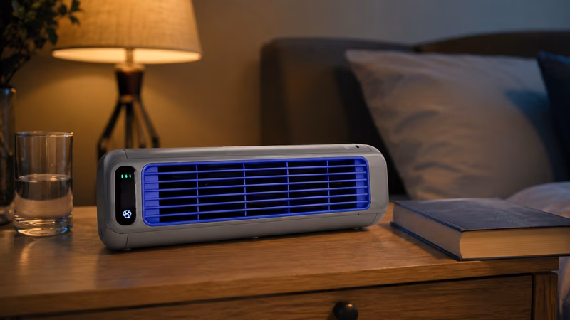 The CoolingCube portable cooling device instantly lowers the temperature of a hot indoor workspace.